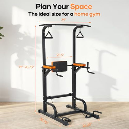 Power Tower Pull Up Bar,Pull Up Bar Station, 6-Level Adjustable Pull Up Dip Station for Home Gym, 450 Lbs Weight Capacity, Strength Training Fitness Workout Equipment with Power Elastic Ropes