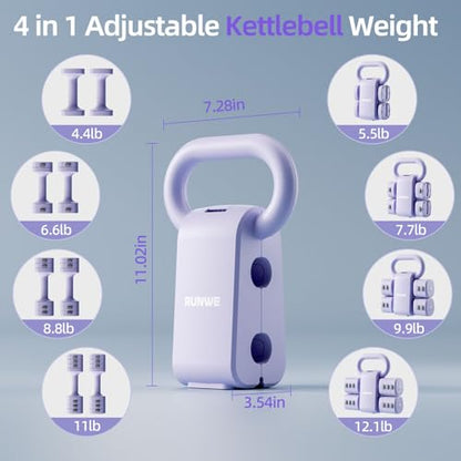 Lightweight Adjustable Dumbbell Kettlebell Set - 4 in 1 Free Weight Set with Kettlebell Grip Converter, Each 2.2 3.3 4.4 5.5lb Quick Change Weight Women Dumbbell Set for Small Spaces Home Gym - color: Adjustable Kettlebell Purple
