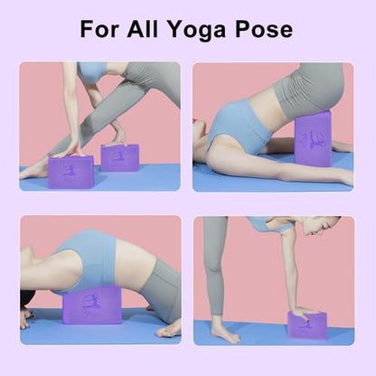 2 Yoga Block and 2 Yoga Strap Set,Non-slip EVA Foam Blocks, High Density Yoga Bricks with 6ft Strap, Supportive Latex-Free Yoga Block Accessories for Pilates - color: Purple B
