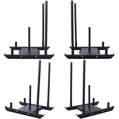 Weight Sled for Fitness Training Push Pull Drag Speed Strength Conditioning Workout Sled with Removable Push Poles Harness and Dual Anchor Points for 2 Inch Weight Plates Black