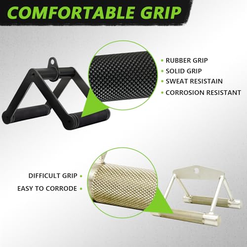 Double D Row Handle Cable Attachment for Weight Workout, Steel with Non-Slip Rubber Grip (Black)