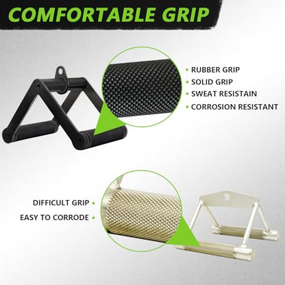 Double D Row Handle Cable Attachment for Weight Workout, Steel with Non-Slip Rubber Grip (Black)