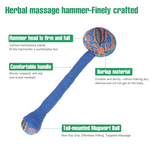 2PCS Herbal Wormwood Lymphatic Drainage Anti Slip Manual Massage Hammer Longer Handle Back Massager for Shoulder, Neck & Muscle Pain Relief (Rose Red/Dark Blue) - color: Rose Red+dark Blue