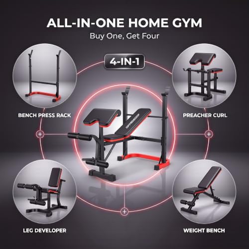 OPPSDECOR Foldable Weight Bench Set with Squat Rack and Preacher Curl Pad - color: Scarlet