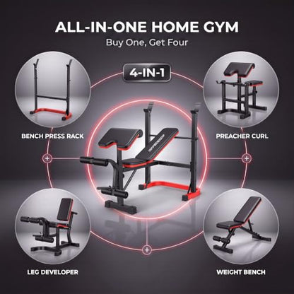OPPSDECOR Foldable Weight Bench Set with Squat Rack and Preacher Curl Pad - color: Scarlet