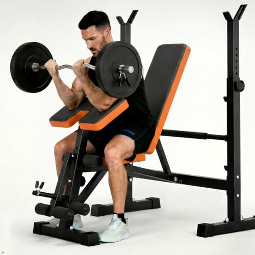 YOLEO Weight Bench with Rack - Bench Press Set, Leg Extension, Preacher Curl & Flat/Incline/Decline Full Body Workout Bench, Adjustable Olympic Weight Benches for Home Gym(47.44IN WIDE GRIP)