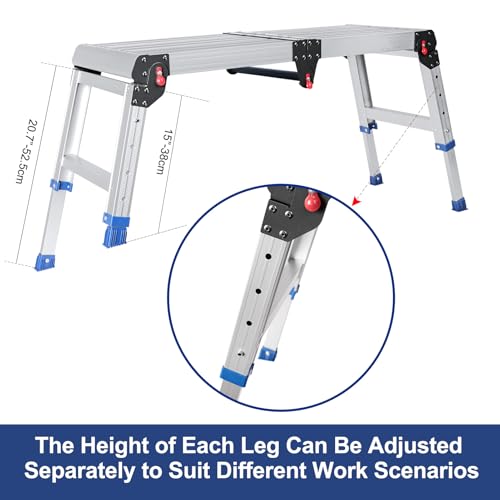 Foldable Aluminum Work Platform, 12.7 lb, Easy-Installation, Capacity of 500 lbs, Non-Slip, Step Stool for Adults with Adjustable Height, Heavy Duty & Portable Step Ladder