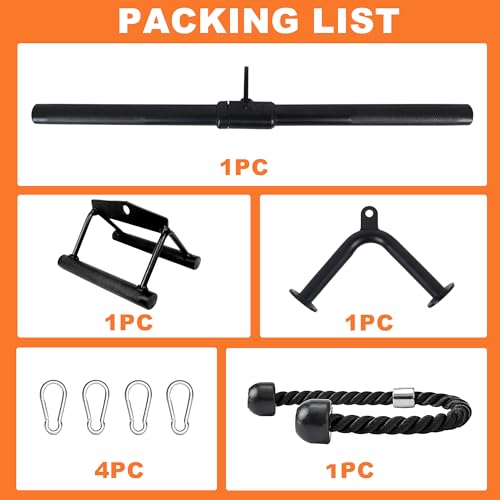 Fitvids Cable Attachment Set 800LB LoadCapacity Tricep Rope, Row Handle, StraightBar, V Bar Commercial Grade Cable MachineAccessories for Home Gym Workouts