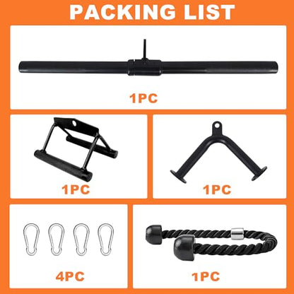 Fitvids Cable Attachment Set 800LB LoadCapacity Tricep Rope, Row Handle, StraightBar, V Bar Commercial Grade Cable MachineAccessories for Home Gym Workouts