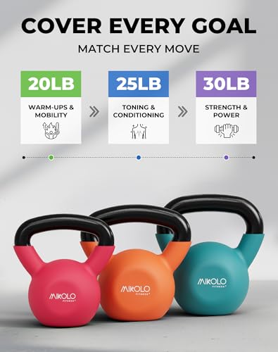 Mikolo Neoprene Coated Cast Iron Kettlebells 5-30LB Set, Solid Weight Set with Wide Grip Handle and Flat Bottom, Ideal for Full Body Strength Training at Home Gym - size: 20-25-30LB