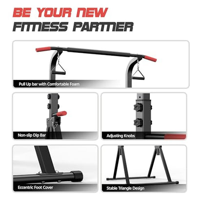 Foldable Pull Up Bar Free Standing Power Tower, 82.9" Adjustable Height Dip Station for Home Gym, Heavy Duty Alloy Steel Strength Training Equipment with Resistance Straps, 350LBS Capacity