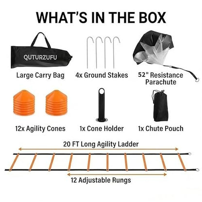 5-in-1 Speed & Agility Training Set – 20ft Ladder (12 Rungs), Resistance Parachute, 12 Cones, Holder, 4 Stakes with Portable Carry Bag for Soccer, Football, Tennis Training