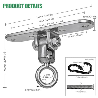 Heavy Duty Swing Hanger with Threaded Buckle 800 LBS Capacity 360+180 Full Swivel Stainless Steel Hammock Hanger Durable Hardware Accessories for Porch, Playground, Yoga, Heavy Bag