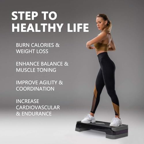 Adjustable Workout Aerobic Stepper, Aerobic Exercise Step Platform with 2 Risers, Exercise Step Deck for Fitness, 26.5" Trainer Stepper with Non-Slip Surface Home Gym & Extra Risers Options - color: Dark Gray