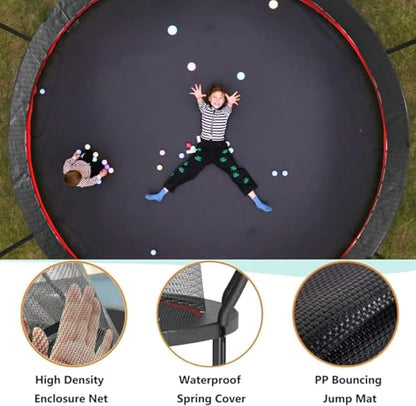 1500LBS 10FT 12FT 14FT 16FT Trampoline for Kids Adults with Basketball Hoop, Enclosure Net, Sprinkler, Lights, Disco Ball with Music Speaker, Heavy Duty Trampoline Outdoor Trampolines - color: Black - 12FT