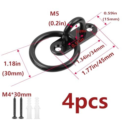 Semetall M5 Ceiling-Wall Mount Hook & Pad Eye Plate - 4Pack Stainless Steel Black Deck Hardware with Screws, Heavy Duty Anchor Rings for Boat Rigging, Yoga Swings, Hammocks & Marine Suspension - size: M5