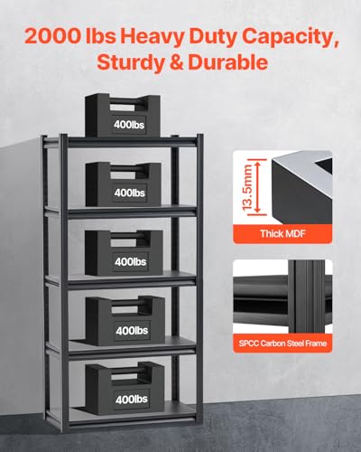 VEVOR Storage Shelves, 2000 lbs, 5 Tier Garage Storage Shelving, 16" D x 32" W x 63" H Adjustable Metal Shelves for Garage Shelves Utility Rack Shelf, Ideal for Kitchen, Warehouse, Basement, Black - size: 16" D x 32" W x 63" H