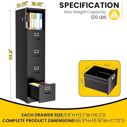 Metal File Cabinet with Drawer Heavy Duty Locking File Cabinets - color: Black, size: 66.5"H-4 drawers & 1 doors