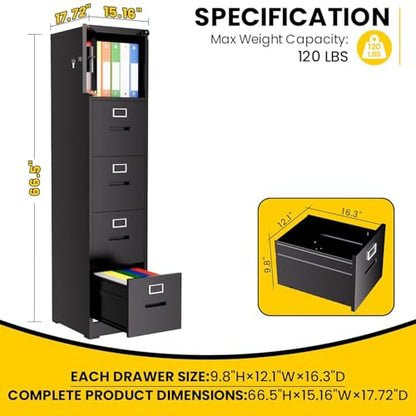Metal File Cabinet with Drawer Heavy Duty Locking File Cabinets - color: Black, size: 66.5"H-4 drawers & 1 doors
