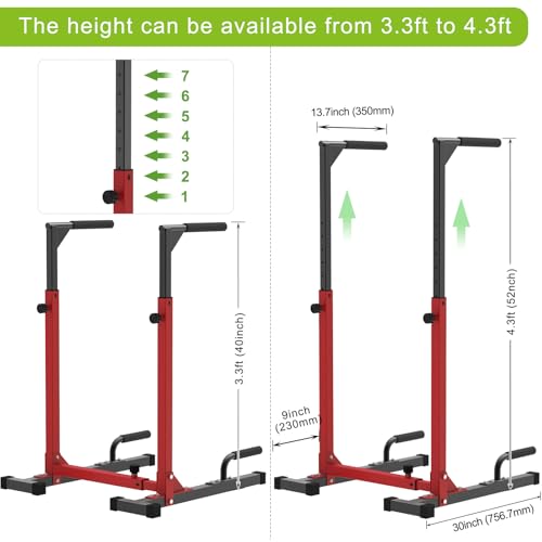 SELEWARE Heavy Duty Dip Bar, Adjustable Width & Height Dip Station Home Gym Fitness Equipment, 800lbs Capacity, Multifunctional Strength Training Dip Stand with Push Up Bar for Tricep Dips, L-Sits - color: Red & Black