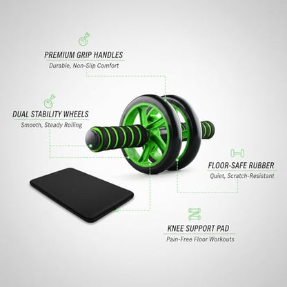 Green Ab Wheel Roller with Knee Pad, Dual Exercise Wheel for Core Strength, Non-Slip Rubber Wheels for Home Gym Workouts