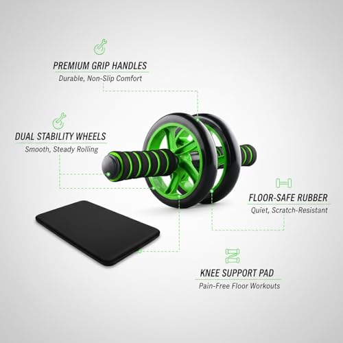 Green Ab Wheel Roller with Knee Pad, Dual Exercise Wheel for Core Strength, Non-Slip Rubber Wheels for Home Gym Workouts