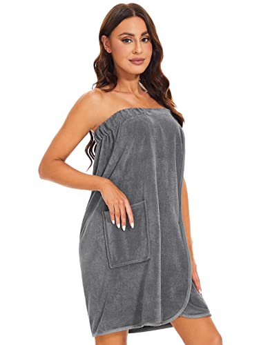 Knuffnee Women Bath Towel Robe Spa Body Wrap Shower Bathrobe Adjustable Snap Closure - color: Grey, size: Large