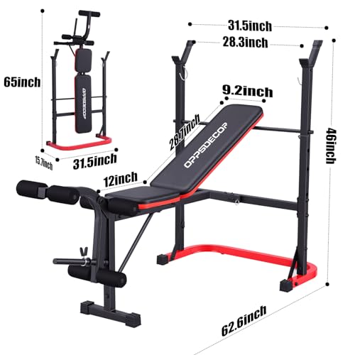 OPPSDECOR 661LBS Weight Bench Set, 8 in 1 Adjustable Bench Press with Squat Rack Leg Extension & Leg Curl Foldable Workout Bench with Safety Bar Catches Standard Weight Training Benches for Home Gym