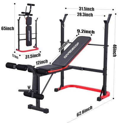OPPSDECOR 661LBS Weight Bench Set, 8 in 1 Adjustable Bench Press with Squat Rack Leg Extension & Leg Curl Foldable Workout Bench with Safety Bar Catches Standard Weight Training Benches for Home Gym