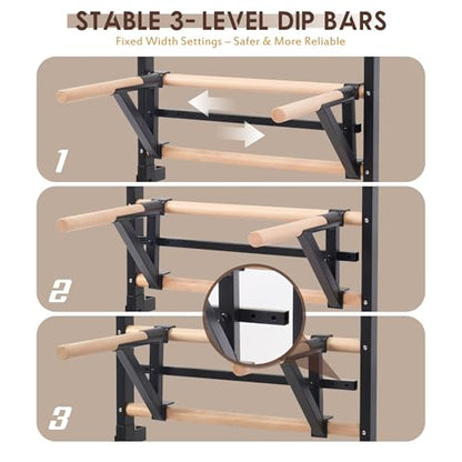 Solid Beechwood Stall Bar, 90" Swedish Ladder Wall Gym with Pull-up Bar & Dip Station, 220lbs Capacity Wall Mounted Gymnastics Ladder for Home Gym Training, Stretching & Bodyweight Exercise