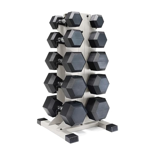 CAP Dumbbell Set with Rack, Rubber Coated Hex Free Weight Set | 100–300 lb Options, Vertical Space-Saving Storage for Home Gym Strength Training - size: 300 lb Set - Light Gray Rack, style: Chrome Handle