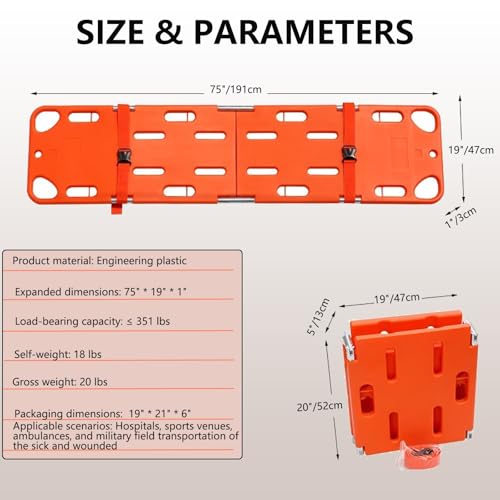 Foldable 75”x19”x1”Orange Backboard Spine Stretcher - 18lb Lightweight PE Spine Board Stretcher with Strap for EMT, Ambulance & Rescue Patient Transport(Orange)
