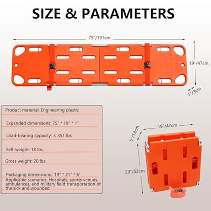 Foldable 75”x19”x1”Orange Backboard Spine Stretcher - 18lb Lightweight PE Spine Board Stretcher with Strap for EMT, Ambulance & Rescue Patient Transport(Orange)