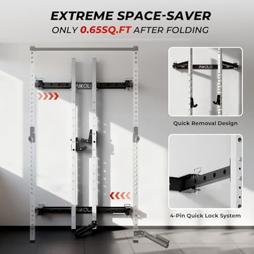 Mikolo 2" x 2" Folding Wall Mounted Squat Rack, 1000 Pounds Capacity Power Rack with Pull Up Bar, J Hooks and Other Attachments, Space-Saving Home Gym - color: White, style: Home Gym Package (230 LBS)