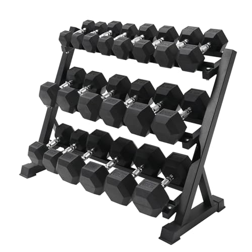 RitFit Rubber Hex Dumbbell Set with Storage Weight Rack - style: 650 LBS (10-55LB)