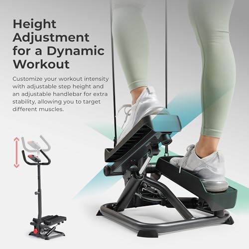Sunny Health & Fitness Total Body 2-in-1 Smart Stepper Machine for Home with Handlebar and Resistance Bands