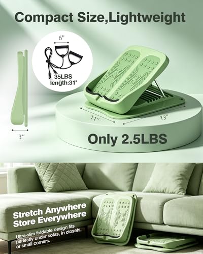 Slant Board for Calf Stretching, 9-Level Adjustable Incline Board with 2 Resistance Bands, Portable Calf Stretcher for Exercise & Physical Therapy Equipment (Green)