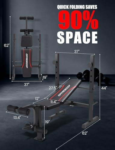 OPPSDECOR Weight Bench, 600LBS Adjustable Bench Press with Squat Rack & Leg Extension, 3 Sec Folding Workout Bench for Full Body Exercise, Incline Decline Flat Weight Benches for Home Gym Exercise