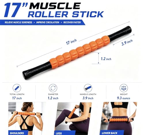 Muscle Roller Stick - A Full-Body Massage Roller that Can Relieve Muscle Soreness, Cramps and Tension After Exercise. It is a Handheld Physical Therapy and Recovery Tool（Black and Orange） - color: Orange