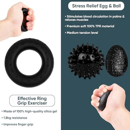 5-Piece Hand Grip Strengthener Exercise Kit - Adjustable Resistance (5-100kg) With Digital Display Forearm Grip + Finger Stretcher + Pressure Relief Ball Suitable for Athletes / Musicians Hand Training and Injury Recovery Tool