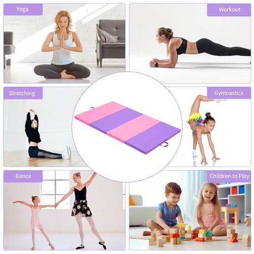 ZENOVA Gymnastics Mat 6'x3'x2''/4'x8'x2'' Exercise Mat Gym Mat for Home Aerobics Workout Foldable Tumbling Mat Children Gifts - color: 3.6FT x 6FT --Pink&Purple