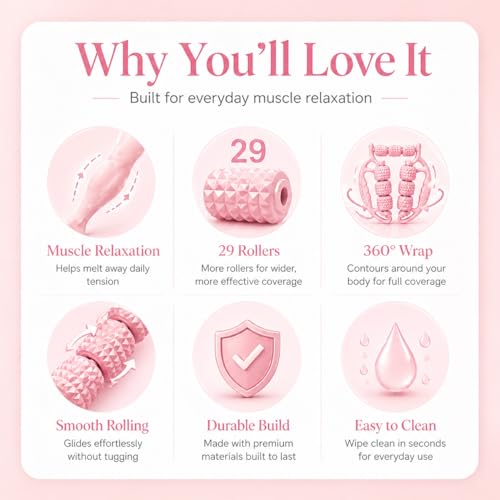 Upgraded Leg Roller Massager, Open-Side Muscle Roller with 29 Textured Rollers, Ergonomic 3D Rolling Massager for Legs, Arms & Neck, Portable Muscle Relaxation Tool for Home Gym(Pink)