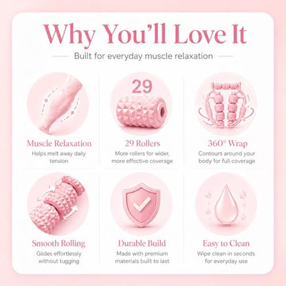 Upgraded Leg Roller Massager, Open-Side Muscle Roller with 29 Textured Rollers, Ergonomic 3D Rolling Massager for Legs, Arms & Neck, Portable Muscle Relaxation Tool for Home Gym(Pink)