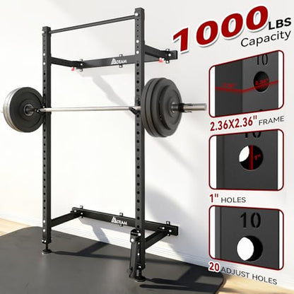 Folding Squat Rack, 2.36"x2.36" Steel Wall Mounted Power Rack for Home Gym Space-Saving Foldable Squat Cage 1000LBS Capacity with Pull Up Bar/J-Hooks/Landmine