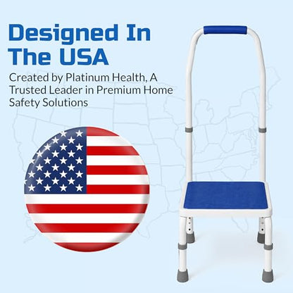 Platinum Health AdjustaStep(tm) Deluxe Step Stool/Footstool with Handle/Handrail, Height Adjustable. Modern White/Blue Design. Padded Non-Slip Handle. 300 lb. Capacity - size: 300 lb. Capacity - 1 Step