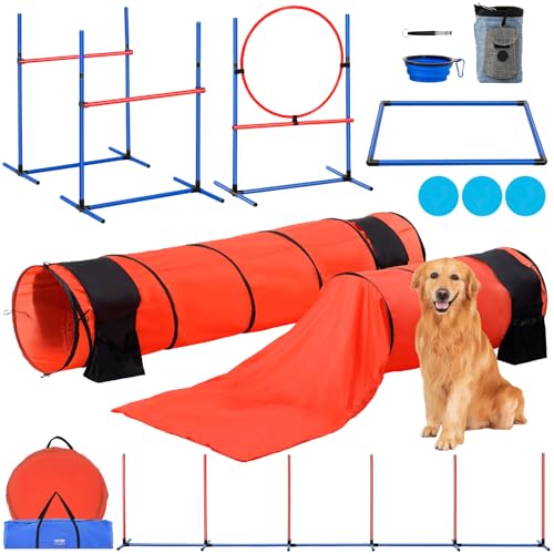 VEVOR Dog Agility Course Backyard Set, 13pcs Agility Training Equipment for Dogs, 2 Tunnels with Sandbags,Adjustable Hurdles,Weave Poles,Jump Ring,Pause Box, Puppy Obstacle Course Kit with Storage Bag - size: 13 Pcs Upgraded Set