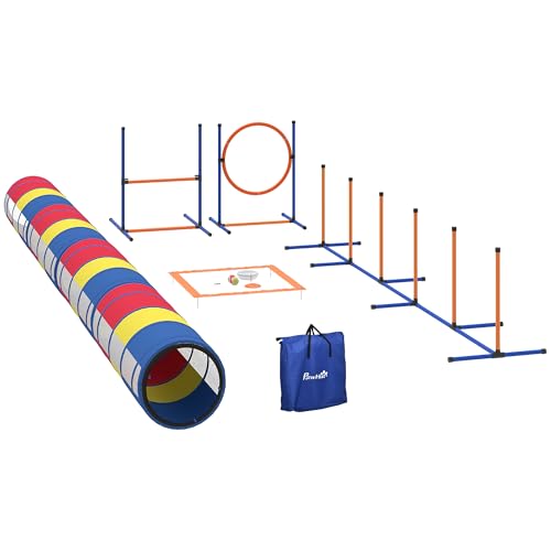 PawHut Dog Agility Training Equipment, 12-Piece Dog Obstacle Course with Adjustable Hurdle & Ring, 4 Tunnels, Weave Poles, Pause Box, Treat Bag, Bowl and Carrying Bag for Indoor Outdoor Use