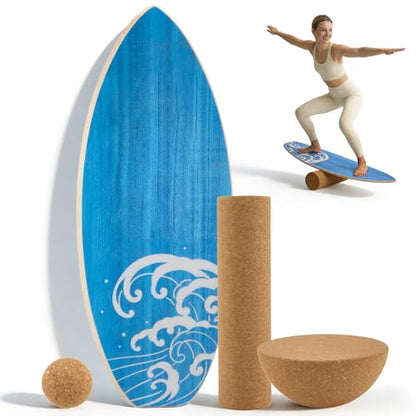 Surf Balance Board Wooden Balance Board,3 Modes Wobble Board Trainer with Roller, Exercise Balancing Stability Trainer for Improve Balance, Surf Trainer & Sports Trainer Wobble Board