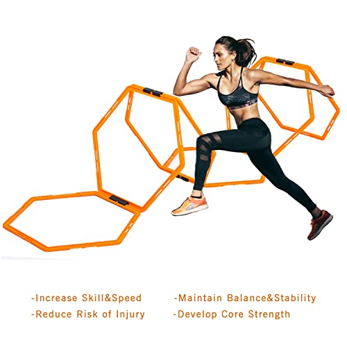 Hex Agility Rings Set of 6/12 Rings for Speed & Agility Footwork Training, Hexagon Ladder with Fitness Equipment Sport Workout Home Gym, Kids and Adults (Orange)