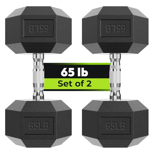 HANDBODE Hex Dumbbell Set, 2.5-65 lb Rubber Encased Exercise & Fitness Dumbbells, Weights Dumbbells Set of 2, Hand Weight for Strength Training - size: 65 lb, Pair, style: Chrome Handle